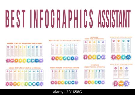 Zeitleiste moderne Vorlagen Infografiken für Unternehmen. 3, 4, 5, 6, 7, 8, 9, 10 Schritte, Prozesse, Optionen, Teile. Bunte runde nummerierte Knöpfe und Zier Stock Vektor