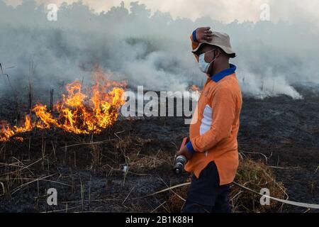 Riau, Indonesien. Februar 2020. Ein Feuerwehrmann versucht, den Pfirschenbrand im Dorf Sri Meranti in Pekanbaru, Riau, Indonesien, 26. Februar 2020 zu löschen. Kredit: Afrianto Silalahi/Xinhua/Alamy Live News Stockfoto