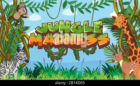 Hintergrundvorlage mit Wort-Dschungel-Wahn in Safari-Illustration Stock Vektor