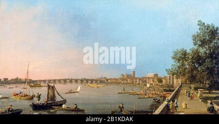 Canaletto, Die Themse von der Terrasse des Somerset House, mit Blick auf Westminster Bridge, London, Landschaftsgemälde, ca. 1750 Stockfoto