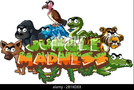 Schriftdesign für Wort-Dschungel-Wahnsinn mit Wildtier-Illustration Stock Vektor