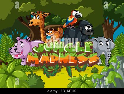 Waldszene mit Wort-Dschungel-Wahn mit wilden Tieren in Hintergrundillustration Stock Vektor
