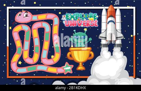 Spielvorlage mit Alien und Raumschiff in Hintergrundillustration Stock Vektor