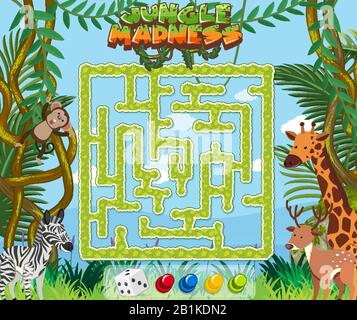 Puzzle-Spielvorlage mit wilden Tieren in Dschungelhintergrundilderung Stock Vektor