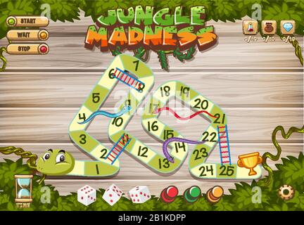 Puzzle-Spielvorlage mit grüner Schlange in der Holzabbildung Stock Vektor