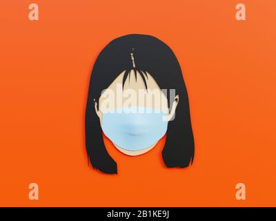Frau, die medizinische Maske als Schutz im Hintergrund von Lava Orange mit minimalistischem Konzept trägt - 3D-Rendering-Konzept Stockfoto