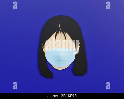 Frau trägt medizinische Maske als Schutz im Phantom Blue Background mit minimalistischem Konzept - 3D-Rendering-Konzept Stockfoto