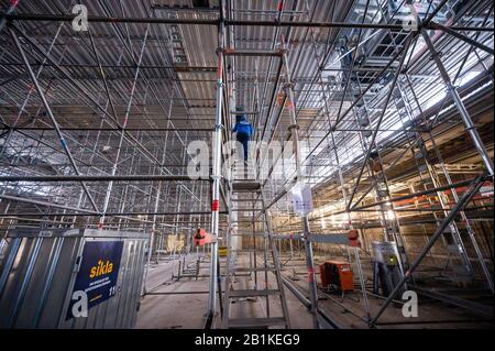 Mainz, Deutschland. Februar 2020. Ein Bauarbeiter geht in der Gerüsthalle eine Treppe hinauf. Seit Oktober 2018 wird die Rheingoldhalle umfassend saniert und umgebaut. Wegen eines Brandes im Mai 2019 wird mit einer Fertigstellung der Arbeiten bis Frühjahr 2021 nicht gerechnet. Kredit: Andreas Arnold / dpa / Alamy Live News Stockfoto