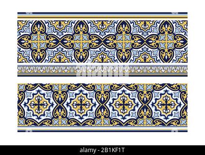 Abstraktes, nahtloses Blumenmuster. Geometrisch-asiatisches Grenzornament. Traditionelle portugiesische Kacheldekoration mit Blumenmuster und Azulejo. Tapete blüht Stock Vektor