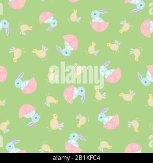 Süßer Hintergrund mit nahtlosem Vektormuster und Osterhase. Dekorierte Volkskunstkaninchen und Küken im ganzen Druck. Babytiere im skandinavischen Stil entspringen Stock Vektor