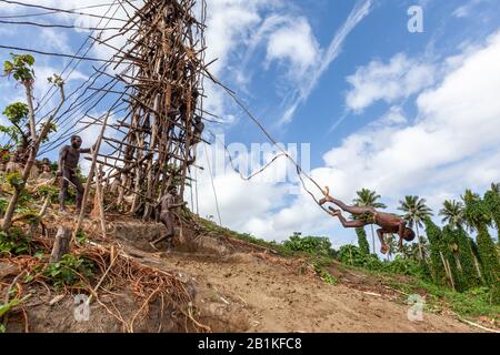 Pfingstpentercost Insel Vanuatu - 2019: Traditionelle melanesische Landtauchzeremonie Nagol (Männer springen mit Reben aus Holztürmen). Initiierung. Stockfoto