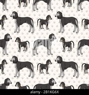 Handgezogene, niedliche Welpe und saluki züchten einen Hund mit nahtlosem Vektormuster. Reinrassige Haushunde auf Pfote im Hintergrund. Hundeliebhaber Haustierstube alle Stock Vektor