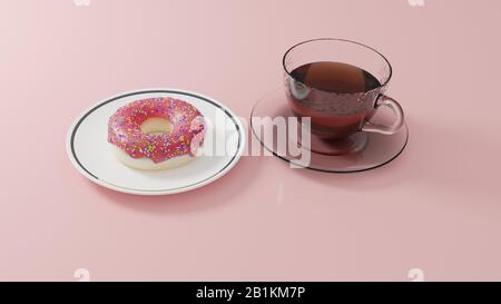 3D-Abbildung einer Glaskaffee mit Donut auf dem Teller Stockfoto