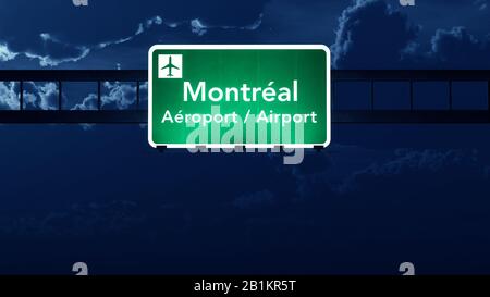 Montreal Canada Airport Highway Road Sign at Night 3D Illustration Stockfoto