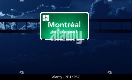 Montreal Canada Airport Highway Road Sign at Night 3D Illustration Stockfoto