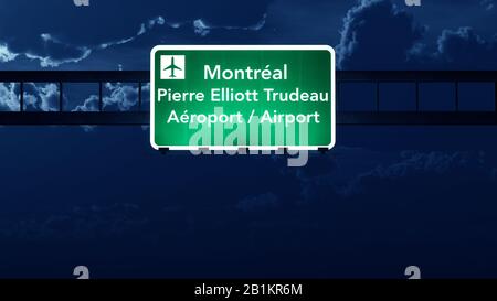 Montreal Canada Airport Highway Road Sign at Night 3D Illustration Stockfoto