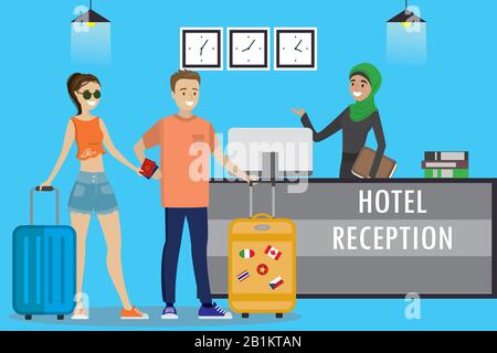 Junge arabische Frau Rezeptionistin bei hijab.kaukasischen Touristen steht an der Rezeption. Reisen, Gastgewerbe, Hotelbuchungskonzept.Cartoon Flat Vector i Stock Vektor