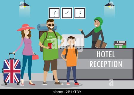 Cartoon-Familie von Touristen mit Koffern und Junger arabischer Frau Rezeptionistin in Hijab steht an der Rezeption. Reisen, Gastgewerbe, Hotelbuchung Co Stock Vektor