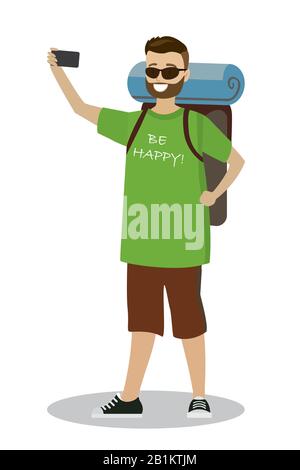 Junger kaukasischer Rucksacktourist macht ein selfie, männlich mit Rucksack, isoliert auf weißem Hintergrund, Cartoon-Vektor-Illustration Stock Vektor