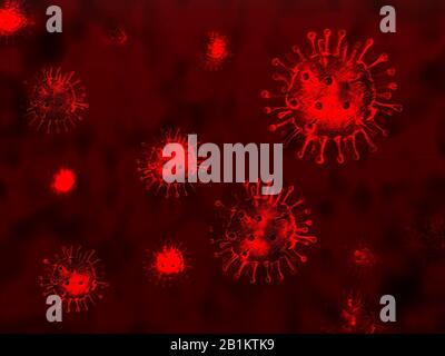 Coronavirus Illustration Konzept. Mikroskopische Sicht auf Coronavirus, einen Erreger, der die Atemwege angreift. Stockfoto