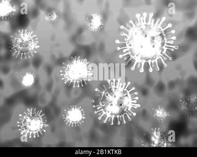 Coronavirus Illustration Konzept. Mikroskopische Sicht auf Coronavirus, einen Erreger, der die Atemwege angreift. Stockfoto