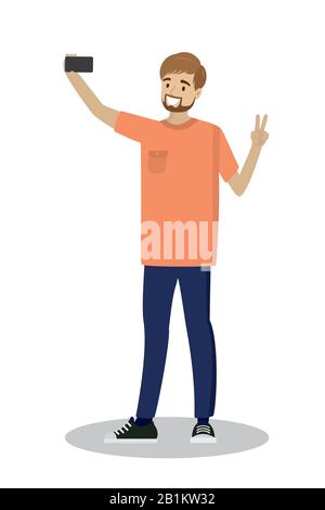 Der junge kaukasische Mann macht ein selfie, isoliert auf weißem Hintergrund, Cartoon-Vektor-Illustration Stock Vektor