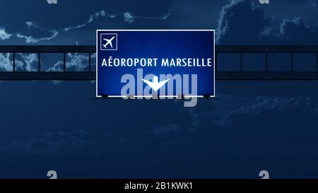 Marseille France Airport Highway Road Schild bei Nacht 3D-Illustration Stockfoto