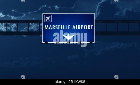 Marseille France Airport Highway Road Schild bei Nacht 3D-Illustration Stockfoto