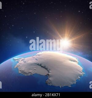 Der antarktische Kontinent blickt von einem Satelliten aus, die Sonne steigt am Horizont, das Eis schmilzt ab. Physische Karte des Südpols. 3D-Darstellung - Elemente des Th
