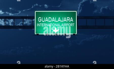 Guadalajara Mexico Airport Highway Road Schild bei Nacht 3D Illustration Stockfoto