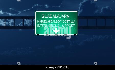 Guadalajara Mexico Airport Highway Road Schild bei Nacht 3D Illustration Stockfoto