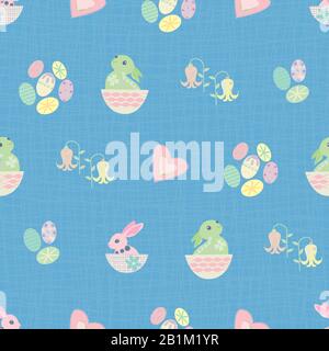 Süßer Hintergrund mit nahtlosem Vektormuster und Osterhase. Volkskunstdarstellung Kaninchen, Eier und Herzen im ganzen Druck. Babytiere im skandinavischen Stil Stock Vektor