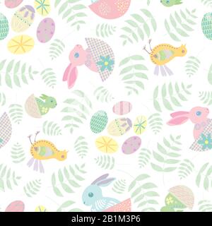 Oster bunny nahtloser Vektor-Muster Hintergrund. Dekorierte Volkskunstkaninchen, Ei und Küken Illustration. Babytiere und Frühling im skandinavischen Stil Stock Vektor