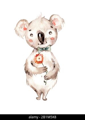 Süßes australisches Baby Tier Koala. Aquarell Nursery Hand bemalt Kinder junge Mädchen Illustration. boho Cliparts. Hand gezeichnet Wildtiere isoliert Stockfoto