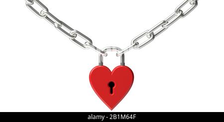 Liebeskonzept. Verriegeltes, rotes, herzförmiges Vorhängeschloss verbindet einen isolierten Ausschnitt aus der Metallkette vor weißem Hintergrund. 3D-Abbildung Stockfoto