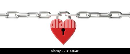 Liebeskonzept. Ein herzförmiges Schloss in roter Farbe ist mit einem isolierten Ausschnitt aus Metallkette vor weißem Hintergrund verbunden, Banner. 3D-Abbildung Stockfoto