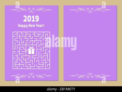 Weihnachtsgrüßkarte mit quadratischem Labyrinth in Farbe. Finden Sie den richtigen Weg zum Geschenk. Spiel für Kinder. Puzzle für Kinder. Labyrinth Conundrum. Vektor illusstra Stock Vektor
