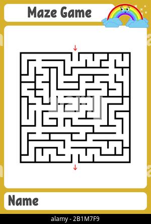 Abstraktes quadratisches Labyrinth. Arbeitsblätter für Kinder. Spielpuzzle für Kinder. Lustiger Regenbogen auf farbigem Hintergrund. Ein Eingang, ein Ausgang. Labyrinth-Rätsel. Stock Vektor