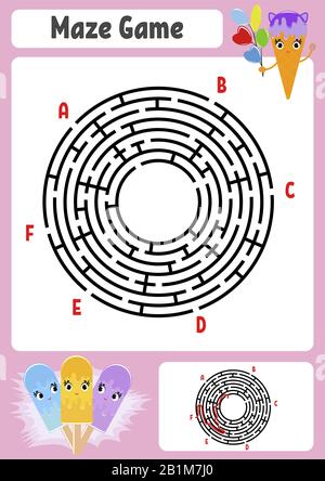 Abstraktes Rundlabyrinth. Arbeitsblätter für Kinder. Spielpuzzle für Kinder. Süßes Cartoon-Eis. Ein Eingang, ein Ausgang. Labyrinth-Rätsel. Vektorgrafik Stock Vektor