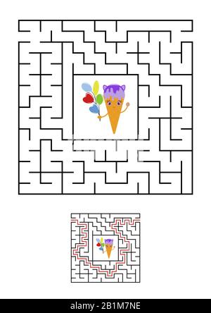 Abstraktes quadratisches Labyrinth. Arbeitsblätter für Kinder. Spielpuzzle für Kinder. Süße Eiscreme auf weißem Hintergrund. Ein Eingang, ein Ausgang. Labyrinth-Rätsel. V Stock Vektor