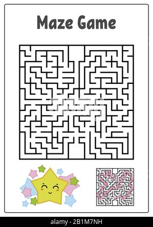 Abstraktes quadratisches Labyrinth. Arbeitsblätter für Kinder. Spielpuzzle für Kinder. Lustiger Stern und Pilz auf weißem Hintergrund. Ein Eingang, ein Ausgang. Labyrinth-Con Stock Vektor