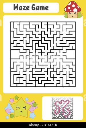 Abstraktes quadratisches Labyrinth. Arbeitsblätter für Kinder. Spielpuzzle für Kinder. Süßer Stern und Pilz. Ein Eingang, ein Ausgang. Labyrinth-Rätsel. Vektor illusstra Stock Vektor