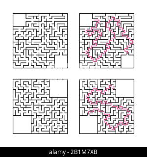 Ein Satz quadratischer Labyrinthe. Spiel für Kinder. Puzzle für Kinder. Ein Eingang, ein Ausgang. Labyrinth-Rätsel. Flache Vektorgrafiken isoliert auf weißem BA Stock Vektor