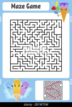 Abstraktes quadratisches Labyrinth. Arbeitsblätter für Kinder. Spielpuzzle für Kinder. Süße Eiscreme. Ein Eingang, ein Ausgang. Labyrinth-Rätsel. Vektorgrafiken. Wi Stock Vektor