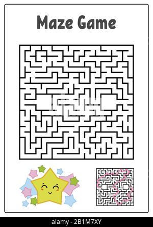 Abstraktes quadratisches Labyrinth. Arbeitsblätter für Kinder. Spielpuzzle für Kinder. Lustiger Stern und Pilz auf weißem Hintergrund. Ein Eingang, ein Ausgang. Labyrinth-Con Stock Vektor