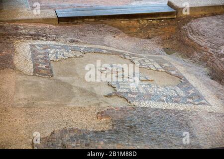 Mosaik/Mosaiken, einschließlich Rosette Mosaik und tessellierter Boden, in Zimmern im Fishbourne Roman Palace. Fishbourne, Chichester in West Sussex. GROSSBRITANNIEN. (114) Stockfoto