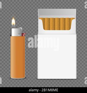 Vector 3d Realistische, Geschlossene Leere Zigarettenschachtel mit Zigaretten und Feuerzeug mit Flame Set Closeup Isoliert auf Transparentem Hintergrund Stock Vektor