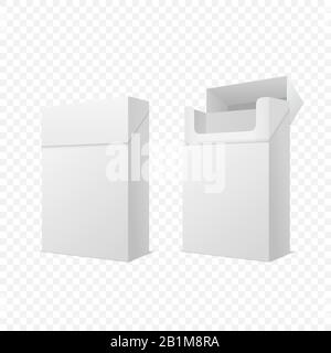 Vector 3d Realistisch Geschlossen und Geöffnet Leeres Leeres Leeres Zigarettenschachtel Set Closeup Isoliert auf Transparentem Hintergrund. Designvorlage. Rauch Stock Vektor