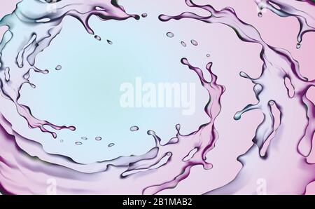 Abbildung eines Hintergrunds mit Wasserspritzern. Die Zirkulation der Flüssigkeit. Ein 3D-Vektor. Stock Vektor