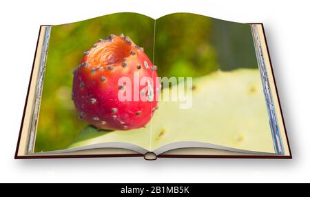 3D-Rendern eines geöffneten Fotobuchs, das auf weißem Hintergrund mit der roten Frucht der stacheligen Birne isoliert ist. Stockfoto